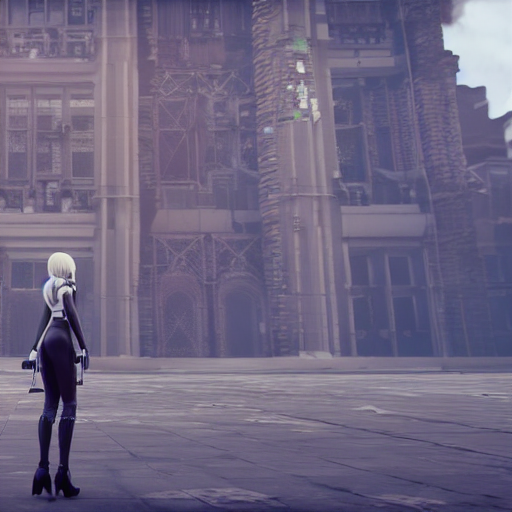 KREA AI 2B nier automata standing in front of a large buil...