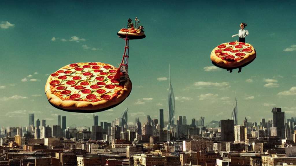 KREA AI the giant pizza floats the city, film still from t...