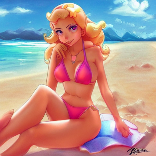 KREA AI beautiful princess peach in a bikini on the beach
