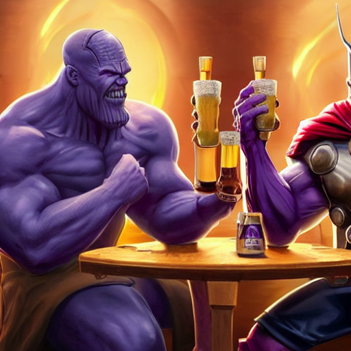 KREA AI Thanos and Thor having beers in a tabern, elegant,...