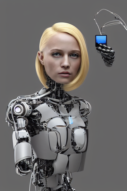 KREA AI robot with human face, female head, full body angl...