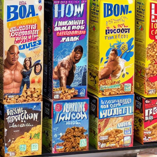 KREA AI dwayne the rock johnson breakfast cereal boxes on