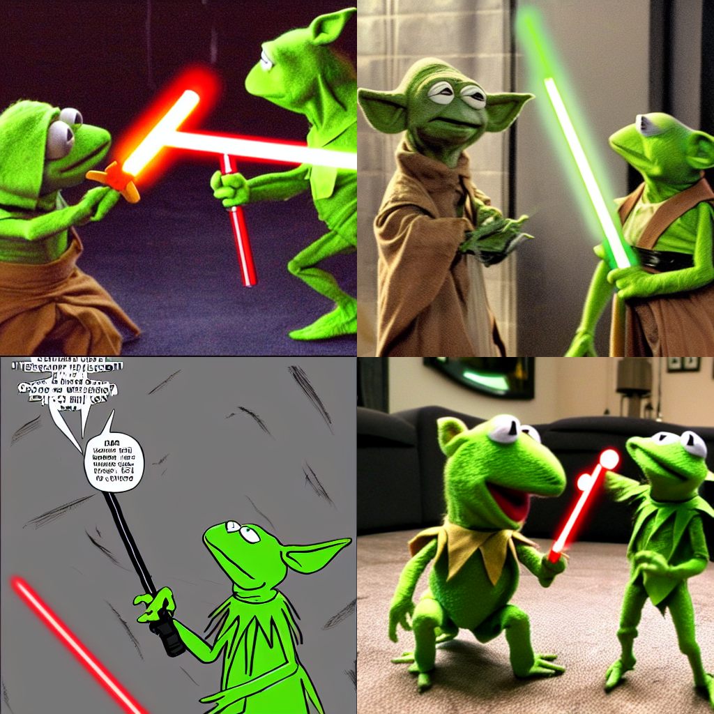 KREA AI kermit and yoda have a lightsaber duel