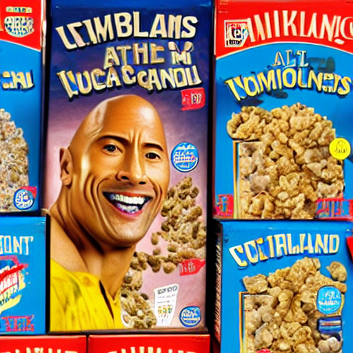 KREA AI dwayne the rock johnson breakfast cereal boxes on