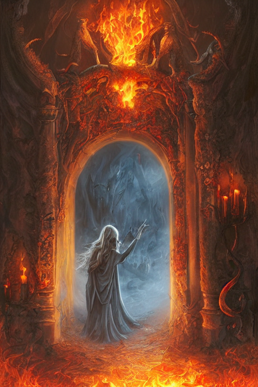 KREA AI Lost souls entering the gates of hell, fire, cheek...