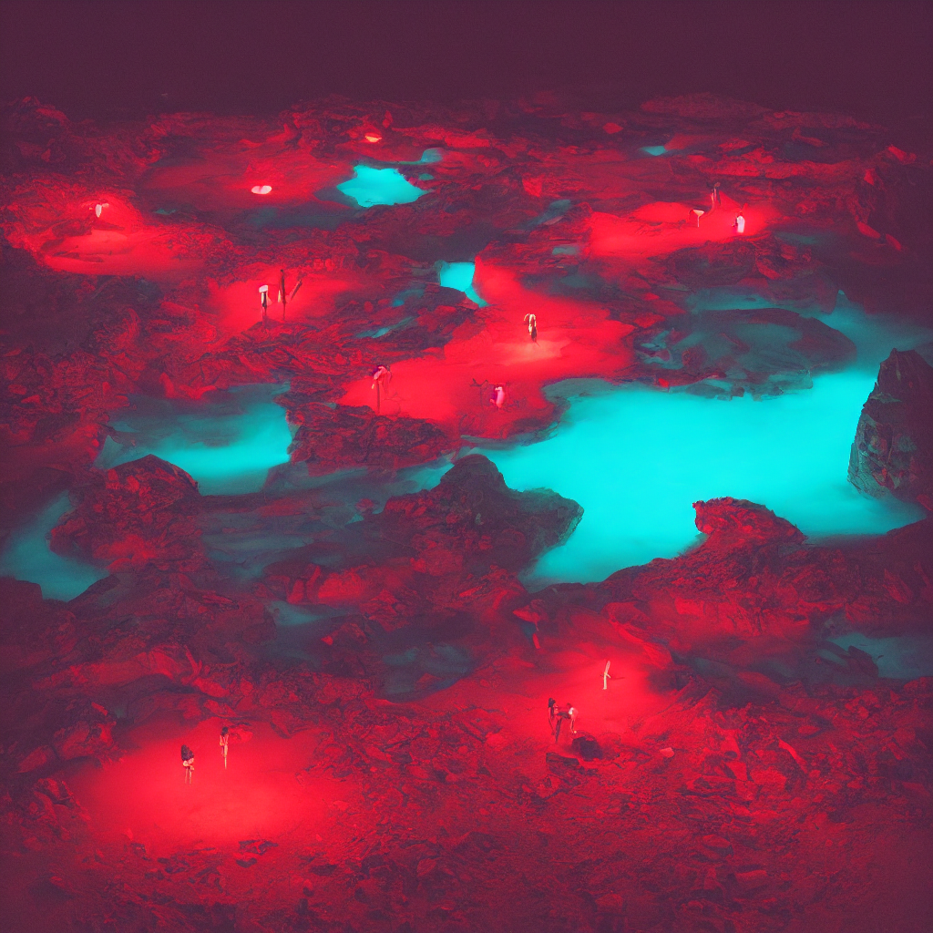 KREA AI rave in the red pond at night, light art, photo by...