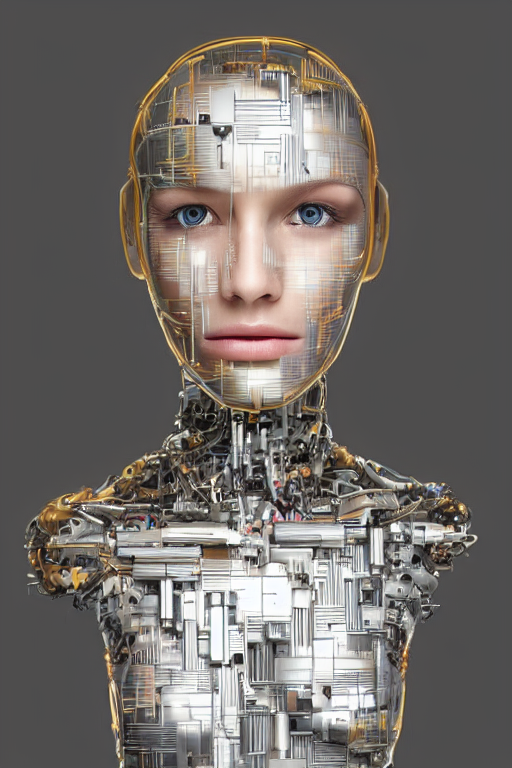 KREA AI robot with human face, female head, full body angl...