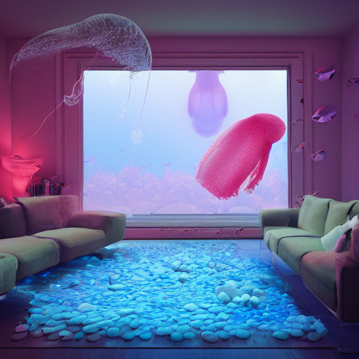 KREA AI the realistic photo of the modern room as aquarium...