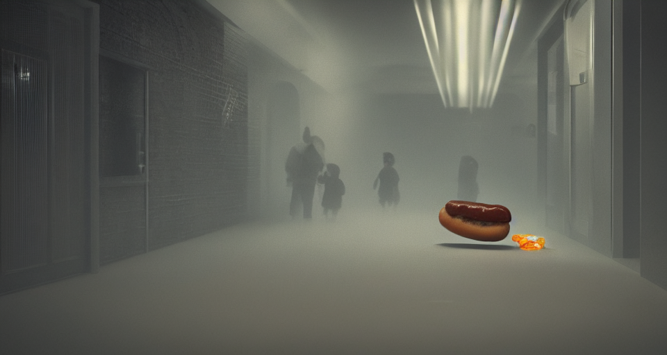 KREA AI throwing a hot dog down a hallway. intricate artwo...