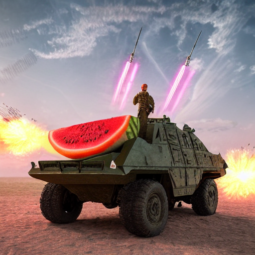 KREA AI Watermelon as military vehicle with epic weapons,