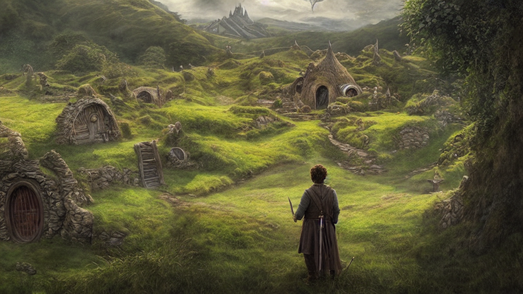 KREA AI frodo standing looking back over hobbiton, bag end...