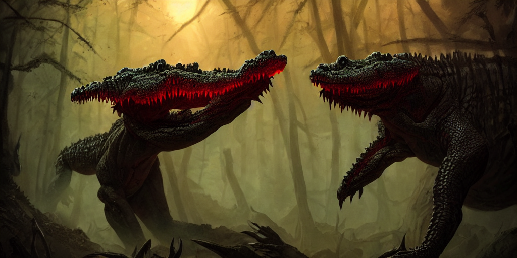 KREA AI - nightmare of humanoid mutated crocodiles, red glow...