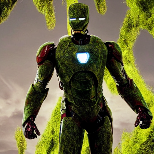 KREA AI overgrown iron man suit covered in moss and vines,...