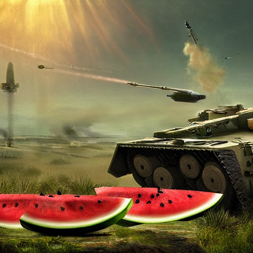 KREA AI Watermelon as military vehicle with epic weapons,