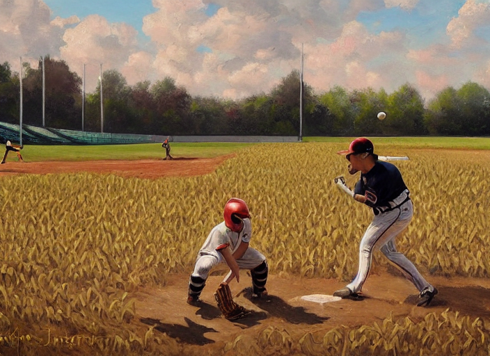 KREA AI baseball game in a cornfield themed, oil painting