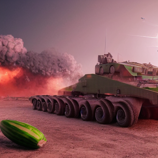 KREA AI Watermelon as military vehicle with epic weapons,