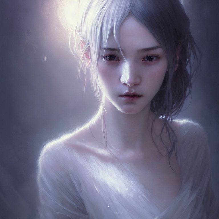 KREA AI gentle ghost, slender girl, silver skin, illustrat...